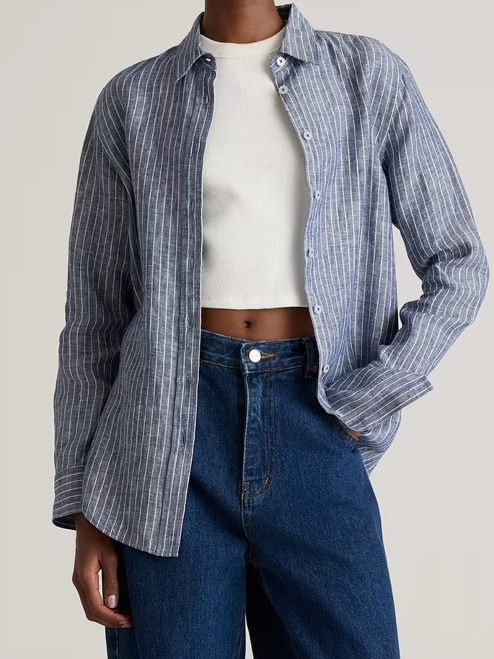 Quince 100% European Linen Long Sleeve Shirt in Chambray Stripe